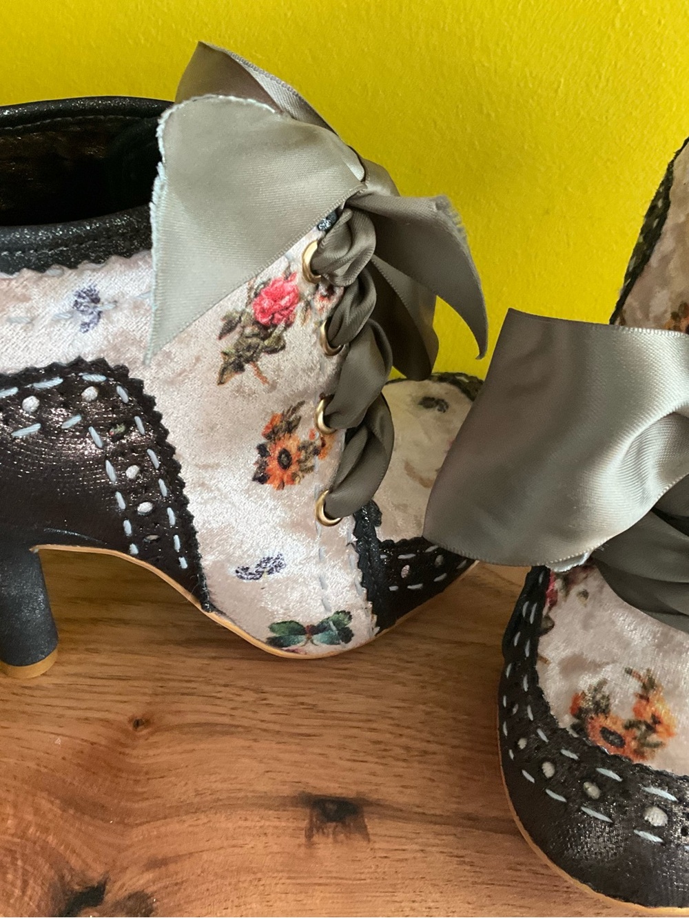 Irregular Choice Floral Velvet Lace-Up Ankle Boots - Gray Satin Ribbon